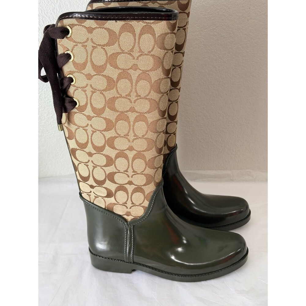 Coach Women’s Rain Boots Size 8B Signature C Brown Tan Green Tall Rubber Boots